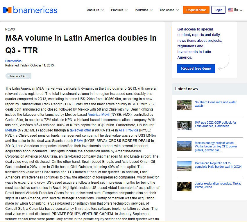 M&A volume in Latin America doubles in Q3 - TTR
